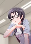  1girl black_hair blurry blush commentary_request depth_of_field glasses hige_(com) idolmaster idolmaster_million_live! long_hair low_twintails red-framed_eyewear red_eyes solo takayama_sayoko twintails wiping_sweat 