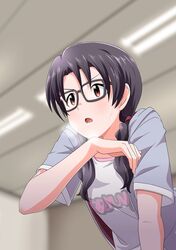  1girl black_hair blurry blush commentary_request depth_of_field glasses hige_(com) idolmaster idolmaster_million_live! long_hair low_twintails red-framed_eyewear red_eyes solo takayama_sayoko twintails wiping_sweat 