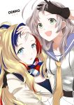  2girls :d absurdres antenna_hair arm_up belt black_gloves blonde_hair blue_eyes blue_hair blue_sailor_collar blush commandant_teste_(kantai_collection) forehead gloves green_eyes hair_bun hand_on_another&#039;s_shoulder hand_on_forehead highres kantai_collection kinugasa_(kantai_collection) long_hair looking_at_viewer morinaga_miki multicolored_hair multiple_girls neckerchief necktie open_mouth parted_lips pink_hair plaid plaid_scarf redhead romaji sailor_collar scarf school_uniform serafuku silver_hair simple_background smile star streaked_hair tareme upper_body white_background white_hair yellow_neckwear 