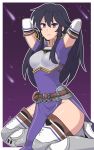  1girl aira_(fire_emblem) armor belt black_hair breastplate dress earrings elbow_gloves fire_emblem fire_emblem:_seisen_no_keifu gloves highres jewelry long_hair looking_at_viewer no_panties sarukaiwolf simple_background solo thigh-highs violet_eyes 