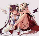  2girls angel angel_wings aqua_eyes ass bare_shoulders bell black_hair breasts cleavage closed_mouth demon_girl dress earrings hair_bell hair_ornament halo hands_up heart highres horns jewelry knees_up legs_crossed long_hair looking_at_viewer medium_breasts multicolored_hair multiple_girls original purple_hair red_dress red_eyes simple_background sitting tamarashi thigh-highs two-tone_hair very_long_hair white_hair white_legwear wings 