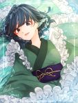  1girl blue_eyes blue_hair commentary_request frills green_kimono head_fins highres japanese_clothes kimono long_sleeves looking_at_viewer obi parted_lips sash short_hair signature sleeves_past_wrists solo souta_(karasu_no_ouchi) touhou wakasagihime wide_sleeves 