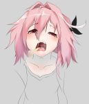  1boy absurdres astolfo_(fate) black_bow blush bow braid fang fate/apocrypha fate_(series) hair_intakes hair_ribbon highres long_hair looking_at_viewer male_focus multicolored_hair open_mouth partially_colored pink_hair qinshi_ji ribbon saliva saliva_trail single_braid solo streaked_hair tongue_depressor trap upper_body violet_eyes 