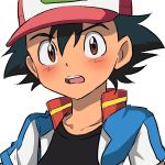  1boy black_hair brown_eyes male_focus open_mouth pokemon pokemon_(anime) satoshi_(pokemon) simple_background solo surprised upper_body whisker_markings white_background 