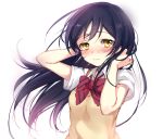 1girl arms_up black_hair blush bow bowtie closed_mouth embarrassed floating_hair full-face_blush long_hair looking_to_the_side love_live! love_live!_school_idol_project paragasu_(parags112) purple_hair red_bow school_uniform solo sonoda_umi striped striped_bow upper_body very_long_hair vest white_background wind yellow_eyes