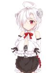  1girl adjusting_clothes apron azur_lane bolt bow bowtie breasts cleavage commentary_request detached_sleeves hair_over_one_eye looking_at_viewer meuneyu red_eyes short_hair simple_background sleeves_past_wrists solo sweat terror_(azur_lane) white_background white_hair 