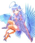  1girl ahoge animal_ears bangs bird_tail blue_eyes blue_hair claws dress eyebrows_visible_through_hair feathers full_body hair_tubes harpy highres long_hair long_sleeves looking_at_viewer monster_girl original purple_dress short_dress solo tail tk2k_jade whisker_markings wide_sleeves wings 