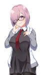  1girl ;d black-framed_eyewear black_dress black_legwear blush breasts cowboy_shot dress eyebrows_visible_through_hair eyes_visible_through_hair fate/grand_order fate_(series) glasses grey_jacket grin hair_over_one_eye hand_on_own_chest hand_on_own_face hands_up head_tilt highres jacket large_breasts long_sleeves looking_at_viewer mash_kyrielight necktie one_eye_closed open_clothes open_jacket open_mouth pantyhose pink_hair red_neckwear shiny shiny_hair short_hair simple_background smile spicy_moo standing tareme teeth track_jacket violet_eyes white_background wing_collar 
