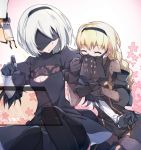  2girls arm_hug black_dress black_gloves black_hairband black_legwear blindfold blonde_hair breasts cleavage cleavage_cutout closed_eyes commentary_request covered_eyes drag-on_dragoon dress facing_another floral_background gloves hairband holographic_interface long_hair long_sleeves multiple_girls nier_(series) nier_automata open_mouth operator_6o pod_(nier_automata) short_hair silver_hair thigh-highs tsuedzu veil yorha_no._2_type_b yuri 
