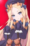  1girl abigail_williams_(fate/grand_order) bangs black_dress black_hat blonde_hair blue_bow blue_eyes bow dress fate/grand_order fate_(series) forehead hair_bow hands_in_sleeves hanged hat head_tilt highres holding holding_rope kaiven long_sleeves looking_at_viewer noose orange_bow parted_bangs parted_lips polka_dot polka_dot_bow red_background rope simple_background solo stuffed_animal stuffed_toy teddy_bear 