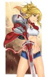  armor bandeau blonde_hair clarent clenched_teeth cowboy_shot denim denim_shorts electricity fate/apocrypha fate_(series) gauntlets green_eyes hair_ornament hair_scrunchie highres jewelry midriff mordred_(fate) mordred_(fate)_(all) navel pendant ponytail scrunchie shorts shoulder_armor standing teeth uemukai_dai wind 