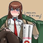  1girl breasts commentary_request game_console legs legs_crossed long_hair makise_kurisu misonou_hirokichi red_ring_of_death solo steins;gate xbox_360 