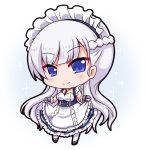 1girl azur_lane belfast_(azur_lane) blue_eyes braid chibi clothes_lift commentary_request french_braid long_hair looking_at_viewer maid maid_headdress noai_nioshi silver_hair simple_background smile solo white_background 