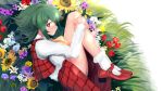  1girl ascot commentary_request curled_up fetal_position flower green_hair highres kazami_yuuka long_sleeves looking_at_viewer plaid plaid_skirt plaid_vest puchikya red_eyes red_footwear red_vest shirt short_hair skirt touhou vest white_shirt yellow_neckwear 