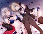 2girls apron artoria_pendragon_(all) artoria_pendragon_(swimsuit_rider_alter) bangs bare_shoulders bed_sheet bikini_top black_bow black_jacket black_neckwear blonde_hair blue_skirt blush bow breasts brown_legwear collarbone embarrassed eyebrows_visible_through_hair fate/grand_order fate_(series) frilled_bikini_top fujimaru_ritsuka_(male) hair_between_eyes hand_on_own_chest highres jacket jeanne_d&#039;arc_(alter)_(fate) jeanne_d&#039;arc_(fate)_(all) leg_garter light_particles long_hair long_sleeves looking_at_viewer lying maid_headdress medium_breasts miniskirt multiple_girls navel nonono nose_blush off_shoulder on_back on_side open_clothes open_jacket petals saber_alter short_hair silver_hair skirt sleeves_past_wrists small_breasts stomach thigh-highs v-shaped_eyebrows very_long_hair waist_apron white_apron yellow_eyes 
