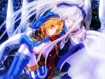  2boys alexander_pastener apocripha/0 blonde_hair blue_eyes blue_footwear blue_gloves blue_hat boots brothers cape character_request family gloves hat long_hair multiple_boys pants platina_pastener purple_ribbon red_eyes ribbon shoes short_hair siblings striped striped_pants white_hair 
