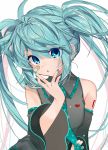  1girl bandaid bandaid_on_face bare_shoulders blue_eyes blue_hair blue_nails blue_neckwear detached_sleeves gotoh510 hatsune_miku heart highres looking_at_viewer messy_hair nail_polish necktie parted_lips shirt sleeveless sleeveless_shirt solo twintails upper_body vocaloid 