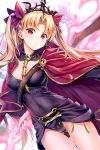  1girl arm_behind_back bangs black_leotard black_nails blonde_hair blush breasts cape cleavage closed_mouth cowboy_shot earrings ereshkigal_(fate/grand_order) eyebrows_visible_through_hair fate/grand_order fate_(series) glowing glowing_weapon gluteal_fold hair_ribbon head_tilt holding holding_weapon jewelry kotatsu_(kotatsu358) leotard long_hair looking_at_viewer medium_breasts nail_polish parted_bangs polearm red_cape red_eyes red_ribbon ribbon shiny shiny_hair skull solo spear standing thighs tiara tohsaka_rin two_side_up v-shaped_eyebrows very_long_hair weapon 