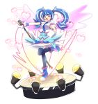  1girl akatsu_masato blue_angel blue_eyes blue_hair blue_neckwear boots detached_wings earrings full_body heart heart_earrings jewelry microphone one_eye_closed open_mouth outstretched_arms sleeveless smile solo stage stage_lights standing standing_on_one_leg thigh-highs twintails wings yu-gi-oh! yuu-gi-ou_vrains zaizen_aoi zettai_ryouiki 