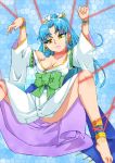  1girl blue_hair breasts cleavage commentary_request detached_sleeves glacies hair_ornament japanese_clothes long_hair looking_at_viewer onnaski ponytail solo super_robot_wars super_robot_wars_destiny super_robot_wars_original_generation the_2nd_super_robot_wars_og yellow_eyes 