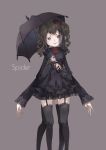  1girl black_dress black_hair black_legwear blush brown_eyes dress extra_arms extra_legs fangs fangs_out feet_out_of_frame garter_straps grey_background head_tilt highres holding holding_umbrella monster_girl original parted_lips rymel see-through simple_background smile solo spider standing twintails umbrella veil 