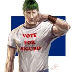  1boy alternate_costume arden_(fire_emblem) brown_eyes clenched_hand closed_mouth commentary_request dated fire_emblem fire_emblem:_seisen_no_keifu fire_emblem_heroes green_hair hand_up ippei_soeda looking_at_viewer male_focus multicolored multicolored_background muscle realistic serious shirt signature solo two-tone_background upper_body white_shirt wristband 