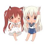  2girls :o ;d animal_ears bangs bare_arms barefoot blue_eyes blue_sailor_collar blue_swimsuit blush brown_eyes brown_hair cat_ears cat_girl cat_tail chatsune_(white_lolita) chibi commentary_request crop_top dress eyebrows_visible_through_hair fang flower hair_between_eyes hair_flower hair_ornament hair_ribbon hands_up kantai_collection libeccio_(kantai_collection) long_hair looking_at_viewer multiple_girls one-piece_swimsuit one_eye_closed open_mouth parted_lips paw_pose pink_flower red_ribbon ribbon ro-500_(kantai_collection) sailor_collar sailor_dress school_swimsuit shirt sleeveless sleeveless_dress sleeveless_shirt smile standing standing_on_one_leg striped_neckwear swimsuit swimsuit_under_clothes tail tan twintails very_long_hair white_dress white_ribbon white_sailor_collar white_shirt 
