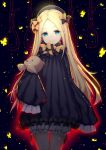  1girl abigail_williams_(fate/grand_order) absurdres bangs black_background black_bow black_dress black_hat blonde_hair bloomers blue_eyes bow butterfly closed_mouth commentary_request dress eyebrows_visible_through_hair fate/grand_order fate_(series) forehead glowing hair_bow hands_in_sleeves hat head_tilt highres jie_(530940004) long_hair long_sleeves looking_at_viewer noose object_hug orange_bow parted_bangs polka_dot polka_dot_bow smile solo stuffed_animal stuffed_toy teddy_bear underwear very_long_hair white_bloomers 