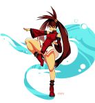 1girl ankle_boots bangs bare_shoulders boots breasts brown_eyes brown_hair china_dress chinese_clothes closed_mouth commentary detached_sleeves dress fighting_stance full_body guilty_gear hair_ring high_heel_boots high_heels jam knee_up kuradoberi_jam long_hair long_sleeves medium_breasts panties red_dress red_footwear signature smile solo standing standing_on_one_leg twintails typo_(requiemdusk) underwear very_long_hair white_panties wide_sleeves