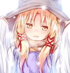  1girl arms_up bangs baram blonde_hair blush eyebrows_visible_through_hair hat looking_at_viewer moriya_suwako parted_lips sidelocks simple_background sleeves_past_wrists solo touhou upper_body white_background yellow_eyes 