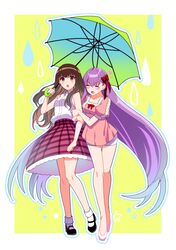  2girls absurdly_long_hair alpha_(eren_mfmf) arm_hug bb_(fate/extra_ccc) blush bow brown_eyes brown_hair bubble_skirt fate/extra fate/extra_ccc fate_(series) hair_bow heart holding holding_umbrella kishinami_hakuno_(female) long_hair multiple_girls open_mouth open_toe_shoes purple_hair red_bow shirt skirt sleeveless sleeveless_shirt umbrella very_long_hair water_drop white_shirt yuri 