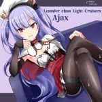  1girl ajax_(azur_lane) azur_lane black_legwear capelet character_name collar commentary_request couch detached_sleeves hat hebitsukai-san highres lavender_hair legs_crossed long_hair looking_at_viewer pantyhose parted_lips sitting smile smirk solo two_side_up v-shaped_eyebrows violet_eyes 