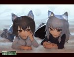  2girls animal_ears bangs black_shirt blue_eyes brown_eyes brown_hair casual cat_ears cat_tail chin_rest closed_mouth copyright_name eyebrows_visible_through_hair gekitotsu!_joshikousei_oiroke_sensha_gundan girls_und_panzer itsumi_erika kemonomimi_mode light_frown long_hair long_sleeves looking_at_viewer lying multiple_girls nishizumi_maho on_stomach sankuma shirt short_hair silver_hair smile tail white_shirt 