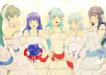  bare_shoulders blue_eyes blue_hair blush bouquet breasts bridal_veil bride dress eirika elbow_gloves embarrassed fingerless_gloves fire_emblem fire_emblem:_kakusei fire_emblem:_mystery_of_the_emblem fire_emblem:_seima_no_kouseki fire_emblem_heroes flower formal gloves green_hair highres jewelry long_hair looking_at_viewer lucina lyndis_(fire_emblem) mamkute multiple_girls necklace ninian nishimura_(nianiamu) open_mouth pegasus_knight ponytail red_eyes rose sheeda smile strapless strapless_dress tiara veil wedding wedding_dress white_dress white_gloves 