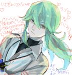  1boy drawr green_eyes green_hair jewelry long_hair n_(pokemon) necklace nishihara_isao oekaki pokemon ponytail solo text turtleneck 