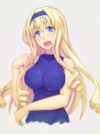  1girl :d bangs bare_arms bare_shoulders blonde_hair blue_dress blue_eyes blush breasts cecilia_alcott cropped_torso dress drill_hair eyebrows_visible_through_hair grey_background hair_between_eyes hairband impossible_clothes infinite_stratos large_breasts long_hair looking_at_viewer open_mouth simple_background smile solo upper_body yuuji_(and) 