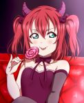  1girl :p aqua_eyes bangs bare_shoulders blush candy choker closed_mouth commentary couch demon_horns elbow_gloves fake_horns food gloves hair_between_eyes hair_ribbon holding holding_food horns kurosawa_ruby lollipop love_live! love_live!_sunshine!! parted_bangs redhead ribbon sleeveless smile smug solo sooki swirl_lollipop tongue tongue_out twintails two_side_up upper_body 