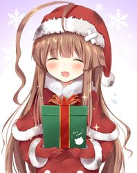  1girl ^_^ ^o^ ahoge alternate_costume box brown_eyes brown_hair closed_eyes fang fur_trim gift gift_box gloves hat highres huge_ahoge kantai_collection kuma_(kantai_collection) long_hair long_sleeves masayo_(gin_no_ame) open_mouth red_gloves santa_costume santa_hat smile solo 