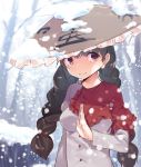  1girl asuzemu breasts capelet coat commentary_request frills hat long_sleeves looking_at_viewer medium_breasts red_eyes smile snow snowing solo touhou yatadera_narumi 