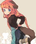  1girl animal_ears apron arms_behind_back azuki_akizuki black_sweater blue_eyes braid brown_hair dog_ears dog_tail from_behind leg_lift long_hair looking_back open_mouth original pants slippers socks solo standing standing_on_one_leg sweater tail twin_braids tying 