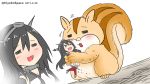  &gt;_&lt; 1girl =_= animal artist_name black_hair blush dated hair_ornament hairclip headgear hiyoko_(nikuyakidaijinn) hug kantai_collection long_hair nagato_(kantai_collection) open_mouth squirrel twitter_username 