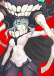  1girl black_gloves black_legwear breasts commentary_request cowboy_shot gloves glowing glowing_eyes gluteal_fold green_eyes hair_between_eyes kantai_collection long_hair long_sleeves looking_at_viewer medium_breasts pantyhose parted_lips red_background shinkaisei-kan shirt silver_hair simple_background solo standing teeth triangle_mouth white_shirt wo-class_aircraft_carrier yuuji_(and) 