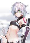  1girl armpit_peek blurry dagger depth_of_field fate/apocrypha fate_(series) flat_chest fog green_eyes highres jack_the_ripper_(fate/apocrypha) looking_at_viewer navel patch short_hair silver_hair sin_(btc86amme) solo weapon 