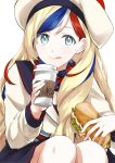  1girl :q absurdres black_skirt blonde_hair blue_eyes blue_hair blush closed_mouth commandant_teste_(kantai_collection) cup food hat highres holding holding_cup holding_food kantai_collection knees lips long_hair long_sleeves looking_at_viewer morinaga_miki multicolored multicolored_clothes multicolored_hair multicolored_scarf plaid plaid_scarf redhead sailor_collar sandwich scarf signature simple_background skirt solo squatting streaked_hair tareme tongue tongue_out upper_body very_long_hair white_background white_hair white_hat 
