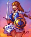  1girl blonde_hair blue_eyes braid breasts cleavage earrings highres holding holding_weapon jewelry large_breasts lips long_hair looking_at_viewer no_bra robert_porter shield sideboob signature single_braid skirt solo sophitia_alexandra soul_calibur soulcalibur_vi sword weapon white_skirt 