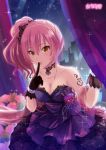  1girl black_gloves breasts choker cleavage curtains dress eyelashes finger_to_mouth gloves idolmaster idolmaster_cinderella_girls idolmaster_cinderella_girls_starlight_stage jougasaki_mika long_hair looking_at_viewer medium_breasts muraiaria pink_hair purple_dress side_ponytail smile solo tattoo yellow_eyes 