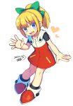  1girl blonde_hair blue_eyes boots dress iroyopon long_hair open_mouth ponytail red_dress ribbon rockman rockman_(classic) roll smile solo waving 