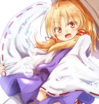  1girl baram blonde_hair commentary_request hat long_sleeves looking_at_viewer medium_hair moriya_suwako open_mouth purple_skirt simple_background skirt solo thigh-highs touhou white_background white_legwear white_sleeves wide_sleeves yellow_eyes 