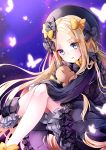  1girl abigail_williams_(fate/grand_order) bangs black_bow black_dress black_hat blonde_hair bloomers blue_eyes bow butterfly commentary_request dress eyebrows_visible_through_hair eyes_visible_through_hair fate/grand_order fate_(series) forehead hair_bow hands_in_sleeves hane_yuki hat highres long_hair long_sleeves looking_at_viewer night night_sky object_hug orange_bow outdoors parted_bangs parted_lips polka_dot polka_dot_bow sitting sky smile solo star_(sky) starry_sky stuffed_animal stuffed_toy teddy_bear underwear very_long_hair white_bloomers 