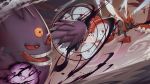  blue_eyes dutch_angle fighting insect_wings liang_(vi0mm) mega_gengar mega_pokemon mega_scizor no_humans open_mouth orb outstretched_arm pokemon pokemon_(creature) red_sclera shield teeth tongue tongue_out wings 